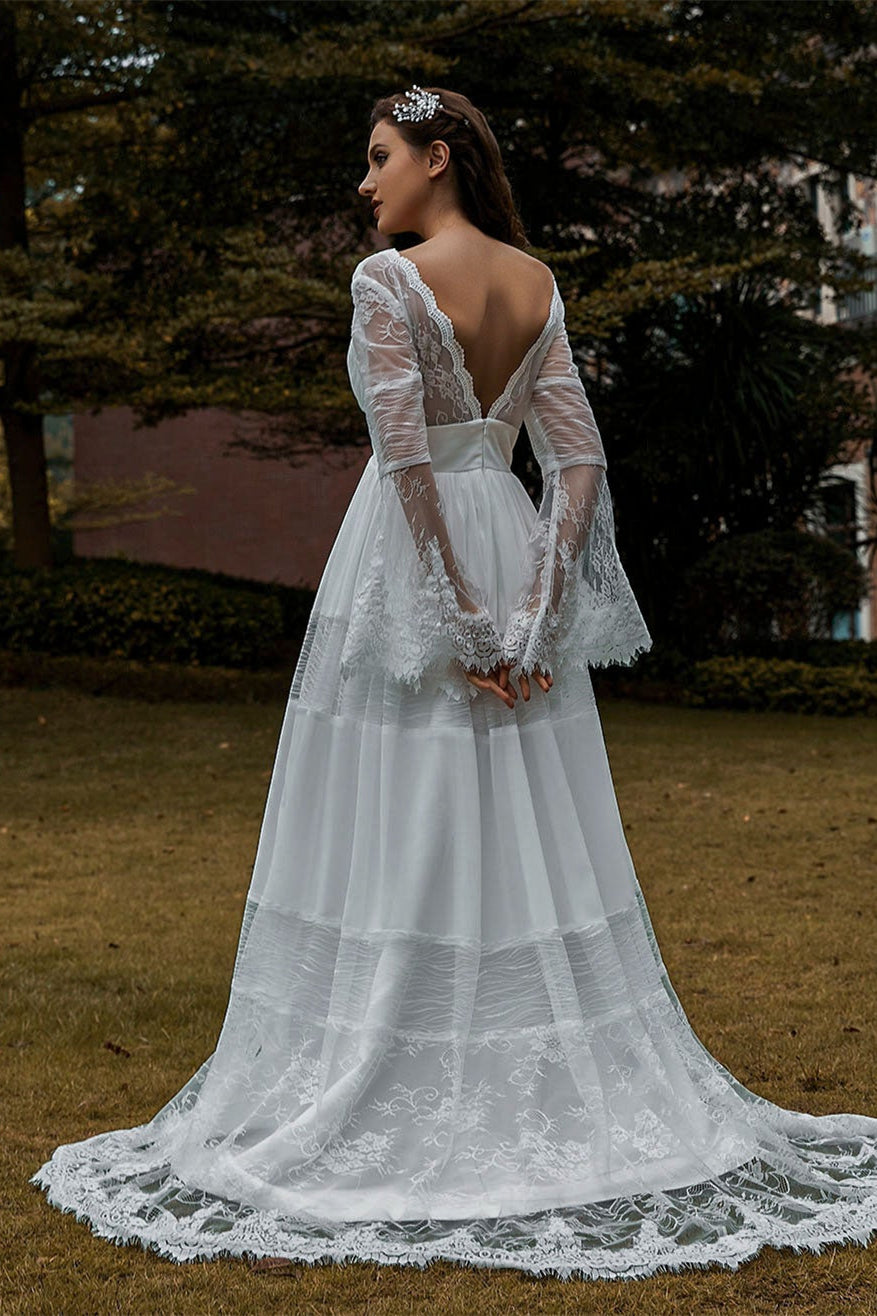 Long Lace Boho Sleeves Wedding Dress