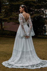 Long Lace Boho Sleeves Wedding Dress