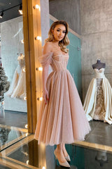 Charming Off-the-Shoulder Tulle Prom Dress Sweetheart Tea-Lnegth