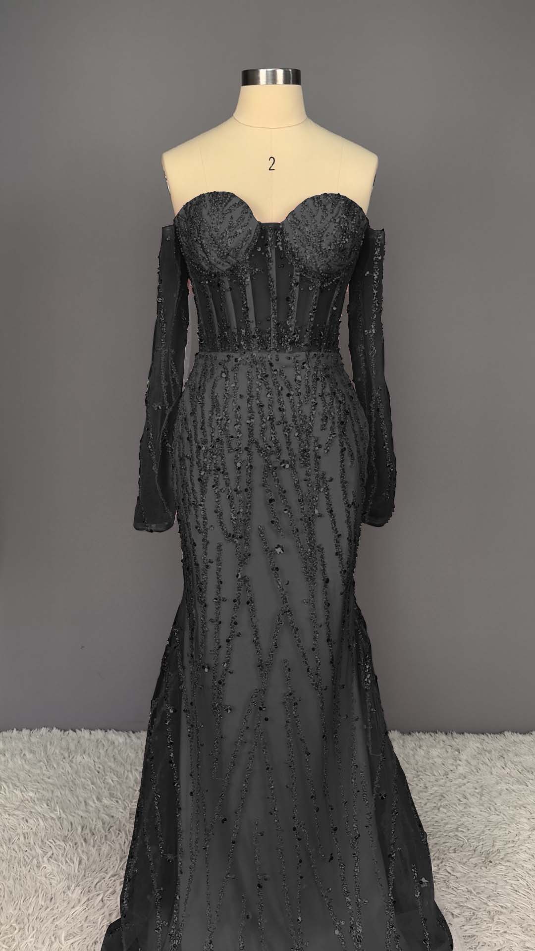 Heavy Champagne Prom Dress Sweetheart Long Sleeves Strapless Beads Mermaid Tulle