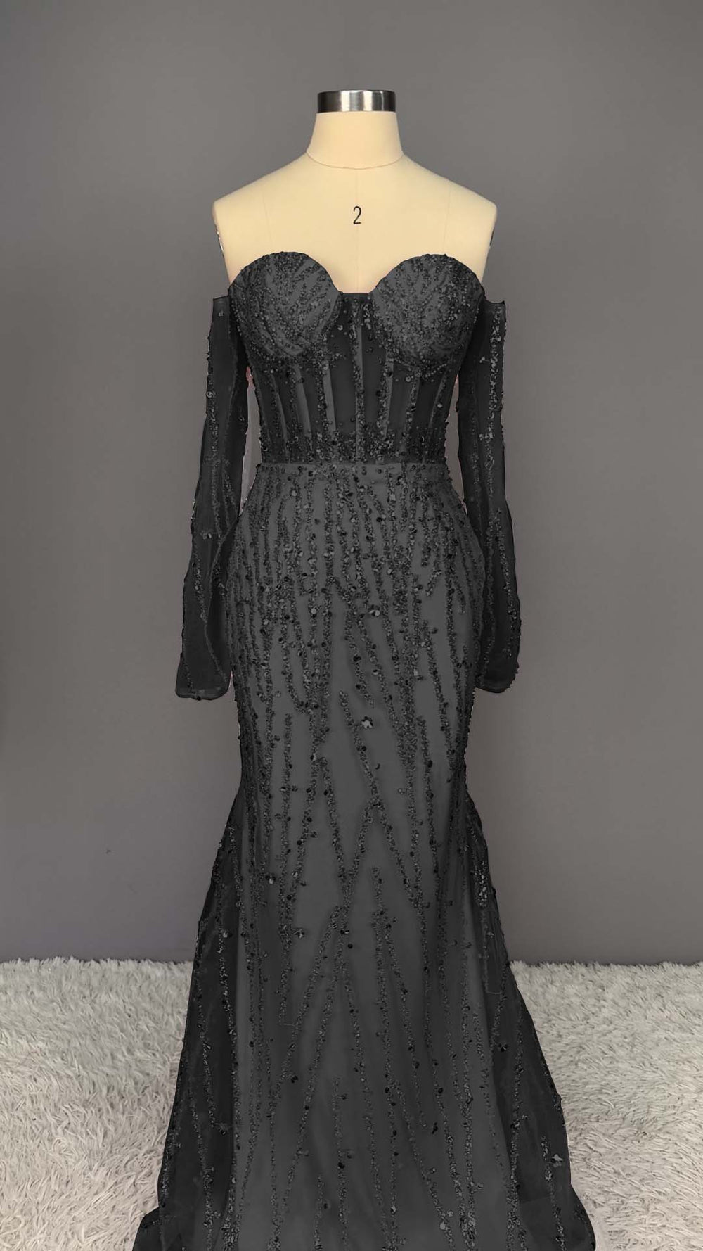Heavy Champagne Prom Dress Sweetheart Long Sleeves Strapless Beads Mermaid Tulle