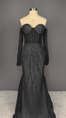 Heavy Champagne Prom Dress Sweetheart Long Sleeves Strapless Beads Mermaid Tulle