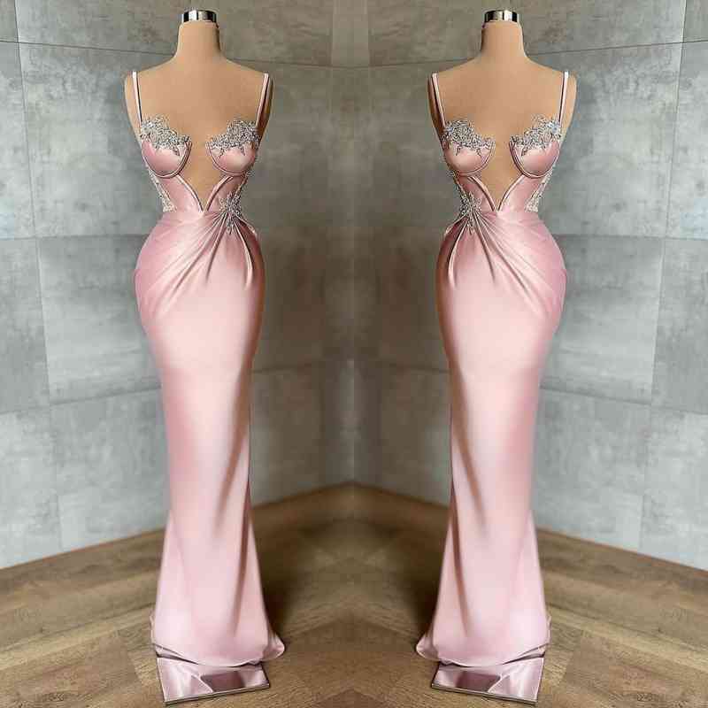 Gorgeous Pink Spaghetti-Straps Sleeveless Prom Dresss Mermaid With Appliques