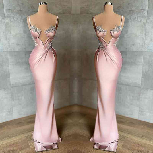Gorgeous Pink Spaghetti-Straps Sleeveless Prom Dresss Mermaid With Appliques