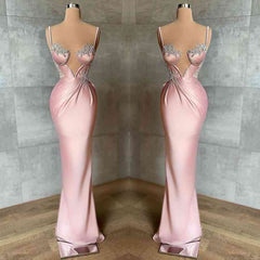 Gorgeous Pink Spaghetti-Straps Sleeveless Prom Dresss Mermaid With Appliques