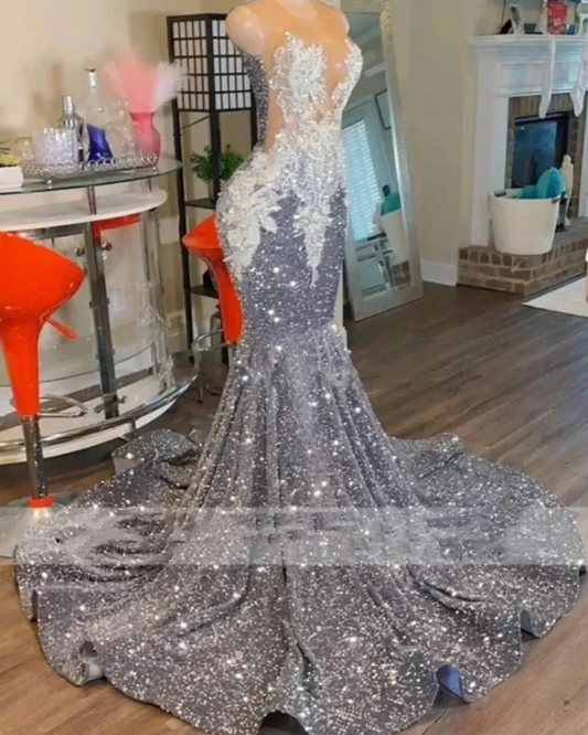 Beautiful Silver Sequins Mermaid Prom Dresses Sleeveless With Beads Appliques