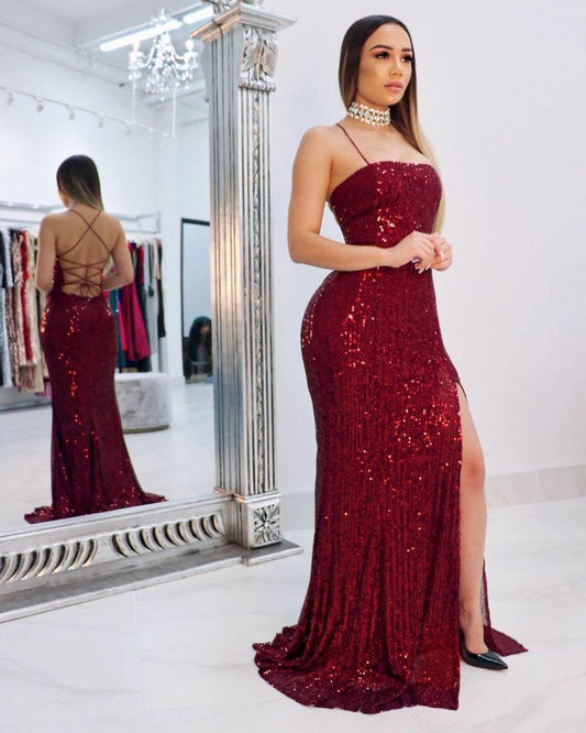 Sequins Mermaid Long Prom Dress Spaghetti-Straps On Sale
