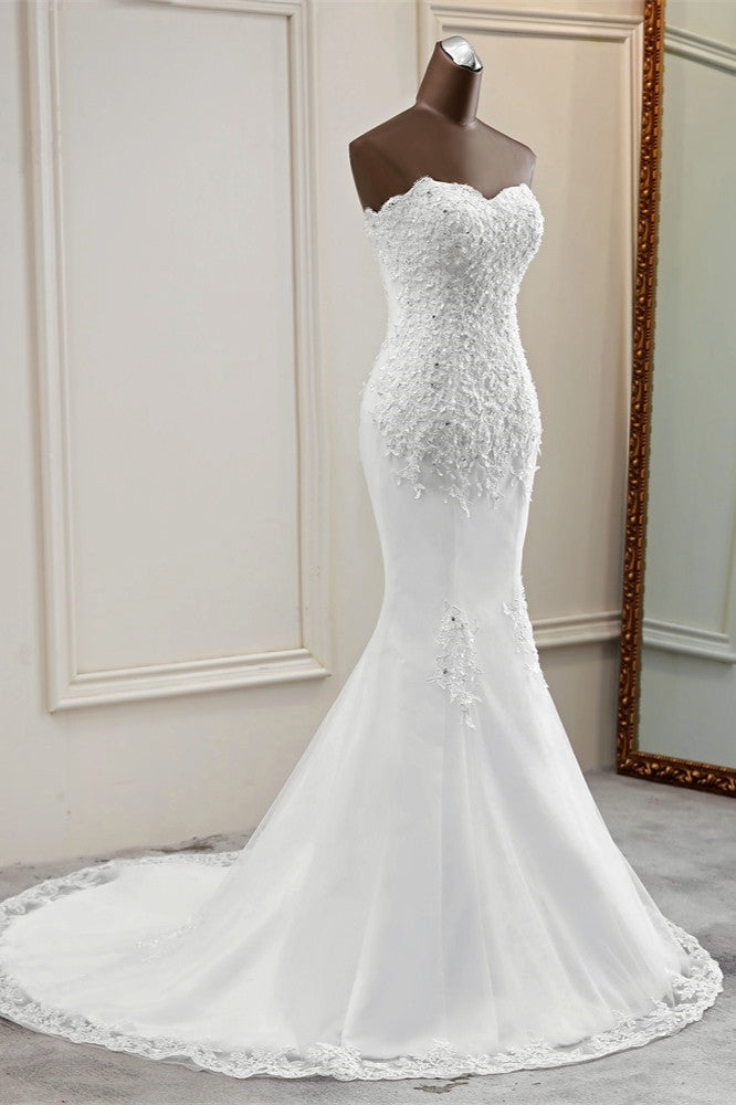 Long Mermaid Strapless Lace Wedding Dress with Elegant Appliques and Beadings
