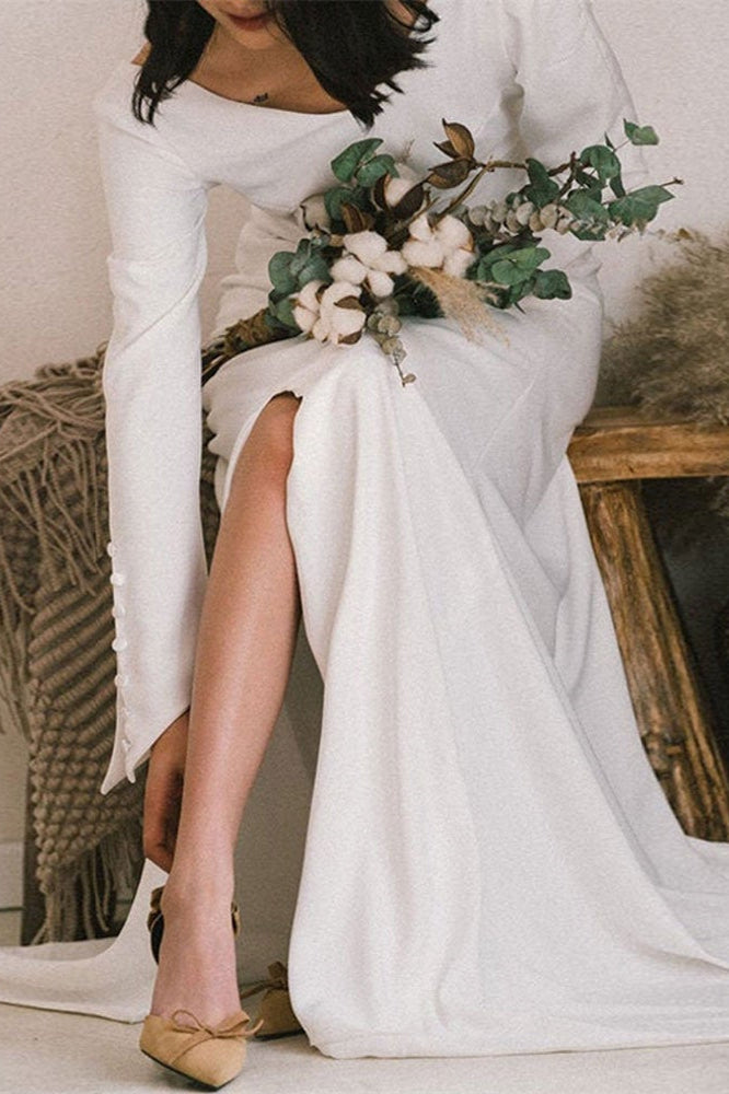 Elegant V-Neck Long Sleeve Wedding Gown with Slit