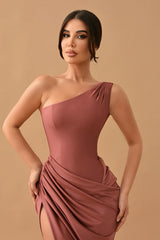 Gorgeous Dusty Rose One Shoulder Mermaid Prom Dress Pleats With Split