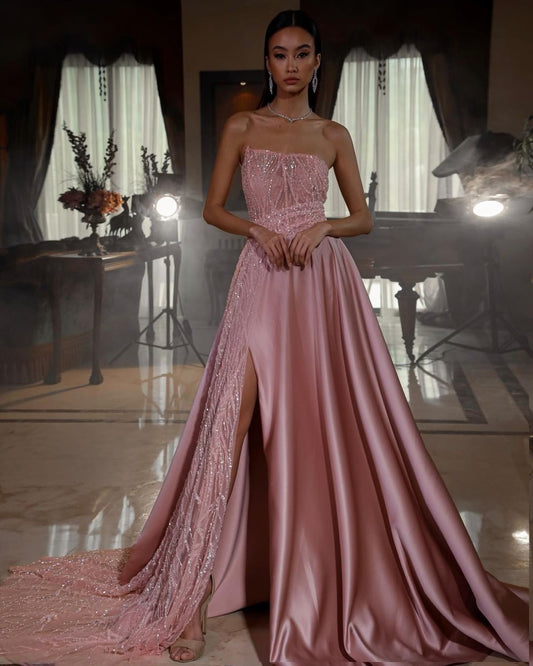 Modern Pink Sequins Prom Dress Long Slit Sleevless Online