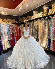 V-neck Applique Lace Wedding Dress with Backless Modern Floor-length Train