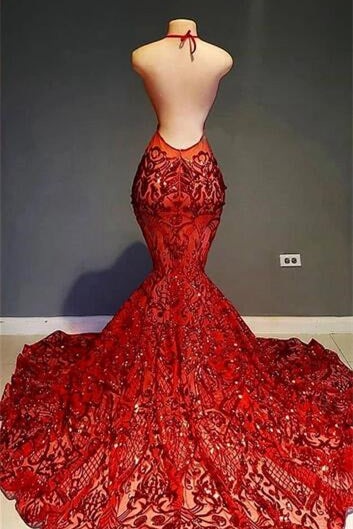 Red Halter Mermaid Prom Dress with Sequins Lace