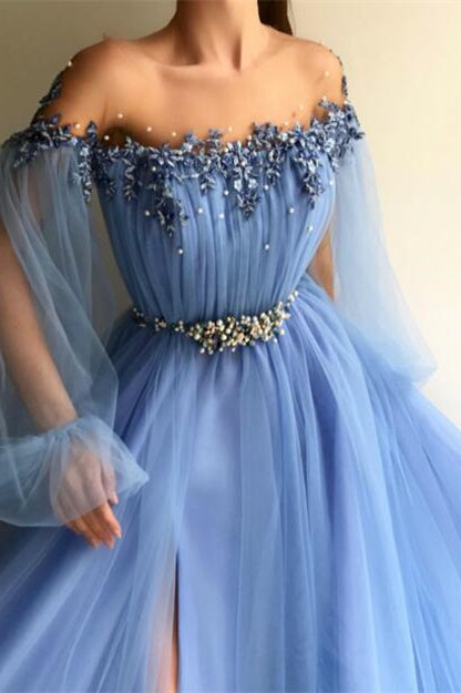 Modern Off-the-Shoulder Long Sleeves Prom Dress With Beads Split
