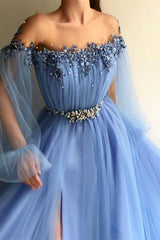 Modern Off-the-Shoulder Long Sleeves Prom Dress With Beads Split