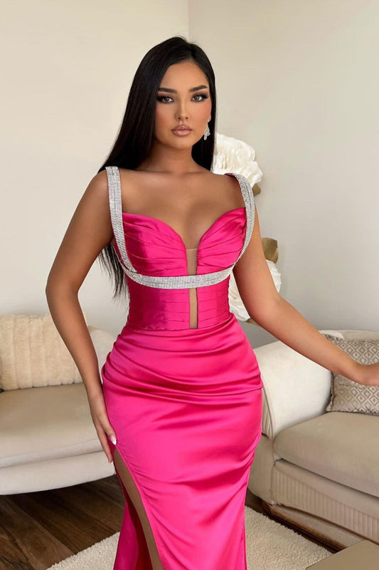 Fuchsia Mermaid Prom Dress Spaghetti Strap With High Slit V Neck Sleeveless