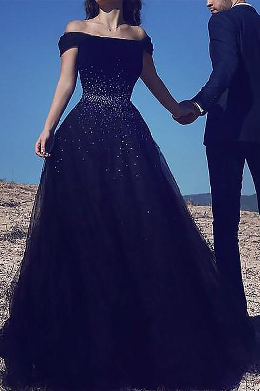 Classic Dark Navy Off-the-Shoulder Prom Dress Tulle Long With Beads