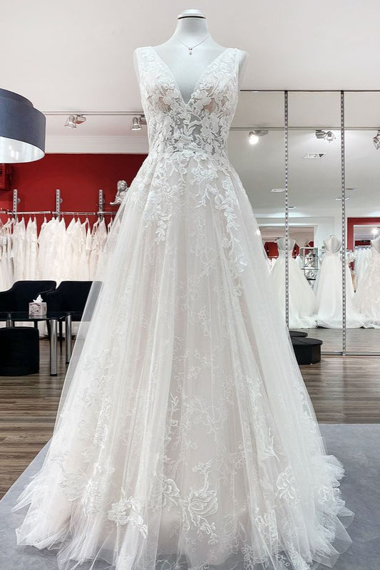 Sleeveless A-line Wedding Dress in Tulle with Elegant Deep V-neck and Open Back Lace Appliques