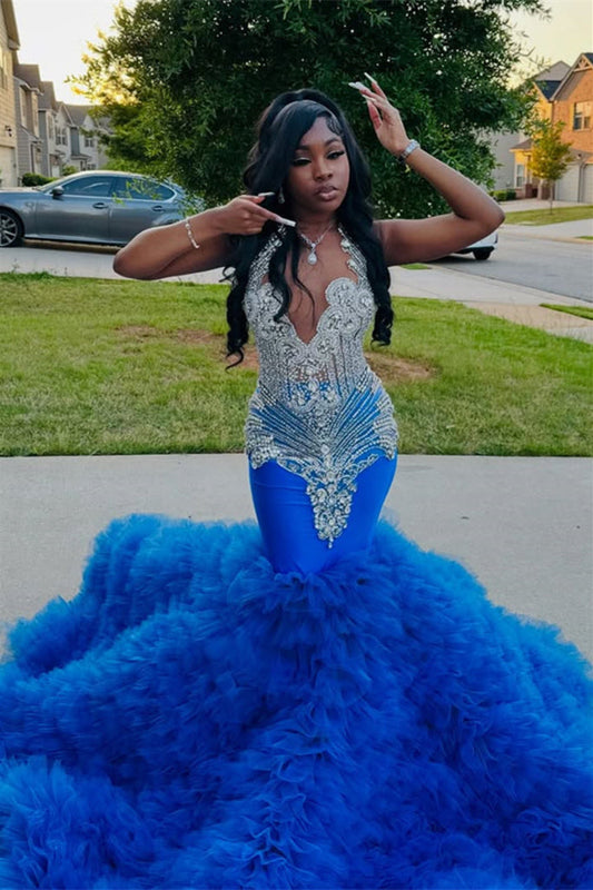 Modern Royal Blue Mermaid Sleeveless Prom Dress With Beadings Tulle Ruffles