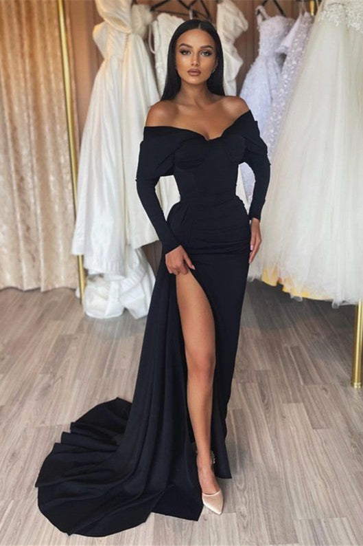 Glamorous Off-the-Shoulder Black Prom Dresseses Mermaid Long Sleeves With Slit