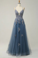 Dusty Pink Spaghetti Strap Tulle V Neck Prom Dress with Lace Appliques