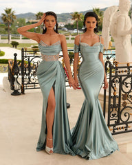 Chic Sage Green Sweetheart Spaghetti-Strap Mermaid Evening Dress with Beads