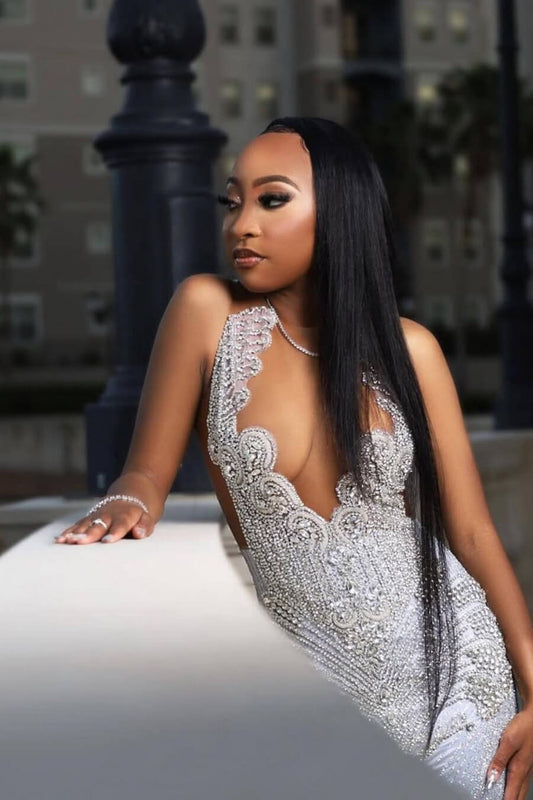 Modern Silver Sleeveless Mermaid Prom Dress Scoop With Beadings
