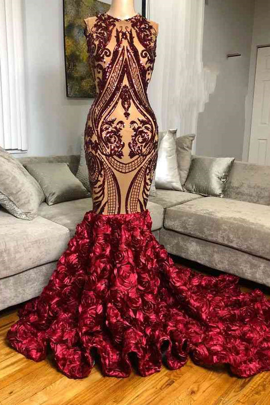 Modern Burgundy Sleeveless Mermaid Prom Dress Sequins With Flowers Bottom