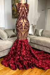 Modern Burgundy Sleeveless Mermaid Prom Dress Sequins With Flowers Bottom