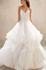 V-neck A-line Wedding Dress with Elegant Ruffles, Spaghetti Straps, and Tulle Backless Design