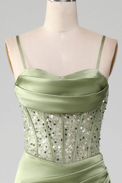 Sage Green Sequins Mermaid Prom Dress Sleeveless Spaghetti Straps
