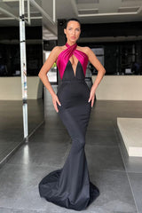 Glorious Halter V-Neck Sleeveless Prom Dresss Mermaid Long Black