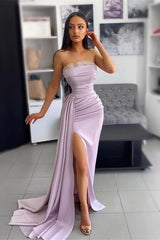 Glorious Strapless Light Lilac Mermaid Prom Dress Long Split With Ruffle