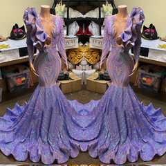 Lavender Mermaid Prom Dress Long Sleeves Deep V Neck Appliques