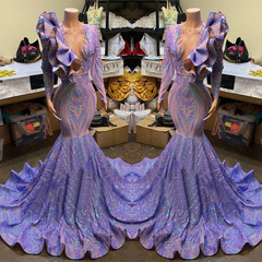 Fabulous Lavender Long Sleeves Prom Dress Mermaid Sequins  Long Online