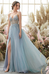 Gorgeous Dusty Blue V-Neck Spaghetti-Straps Prom Dresses Tulle Slit With Beadings