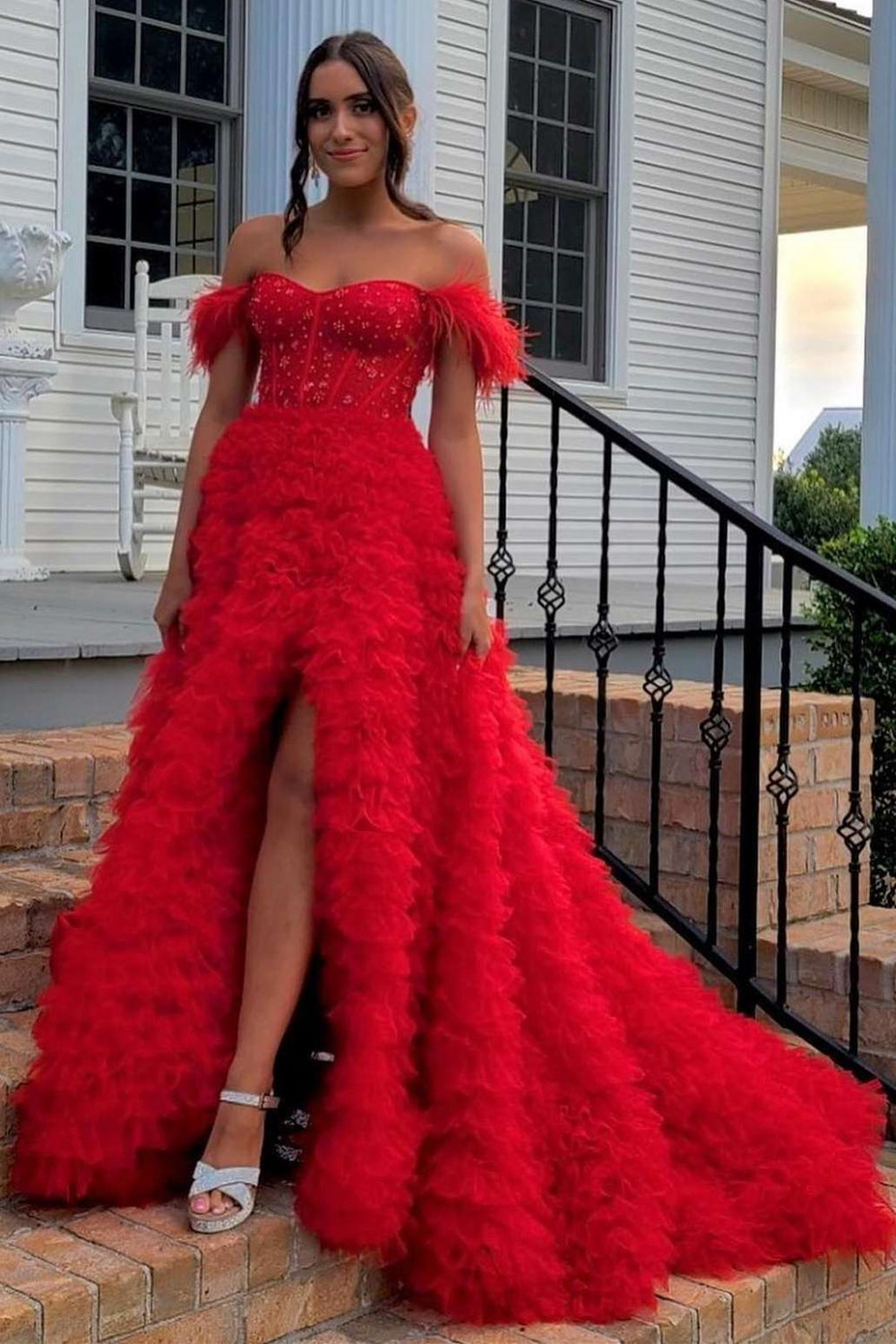 Off-the-Shoulder Pink Prom Dress Feather With Tulle Split