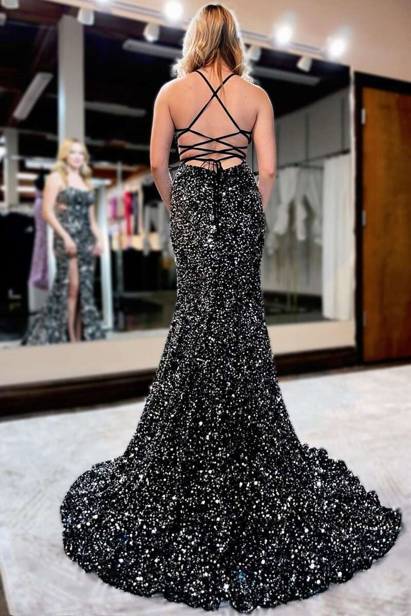 Charming Spaghetti-Straps Sequins Prom Dress Mermaid Sleeveless With  Slit Strings Back