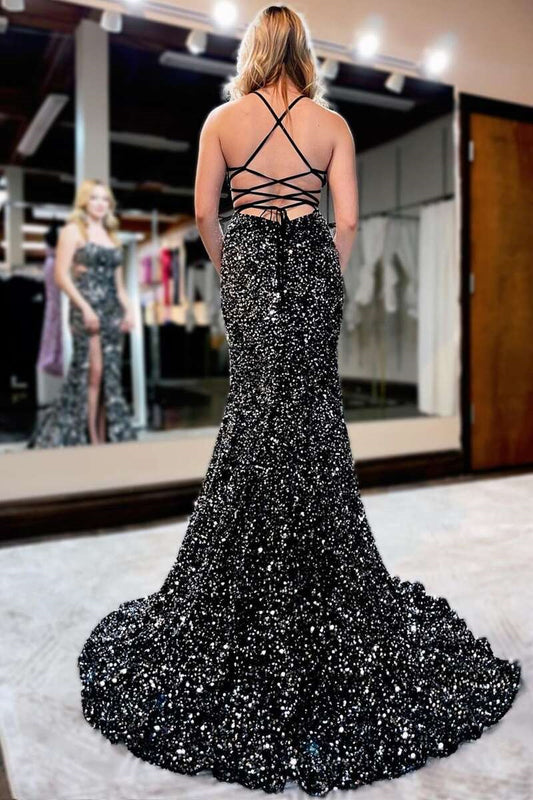 Charming Spaghetti-Straps Sequins Prom Dress Mermaid Sleeveless With  Slit Strings Back