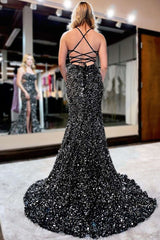 Charming Spaghetti-Straps Sequins Prom Dress Mermaid Sleeveless With  Slit Strings Back