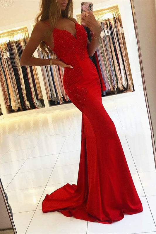 Gorgeous Red Spaghetti-Straps Mermaid Prom Dress With Appliques