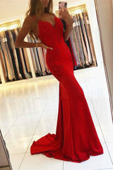 Gorgeous Red Spaghetti-Straps Mermaid Prom Dress With Appliques