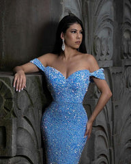 Stunning Off-the-Shoulder Long Prom Dress Mermaid Sequins Party Gowns