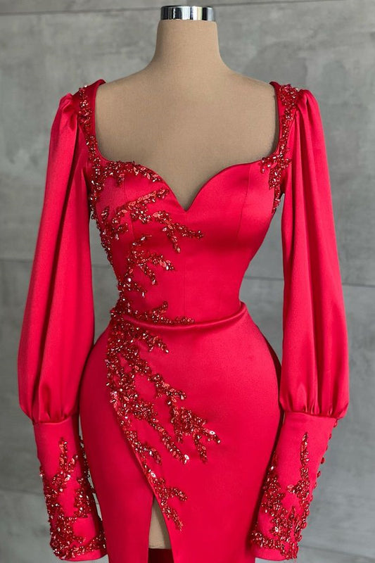 Amazing Red Long Sleeves Prom Dress Mermaid Sweetheart With Beadings Split
