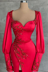 Amazing Red Long Sleeves Prom Dress Mermaid Sweetheart With Beadings Split