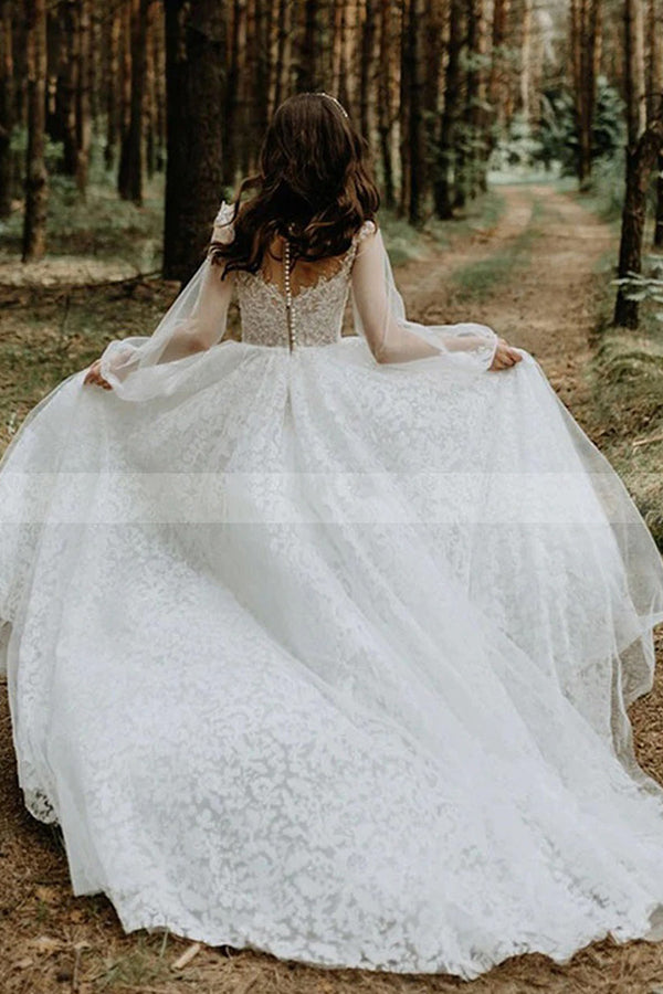 Elegant Long-Sleeve Lace A-Line Gown in Tulle