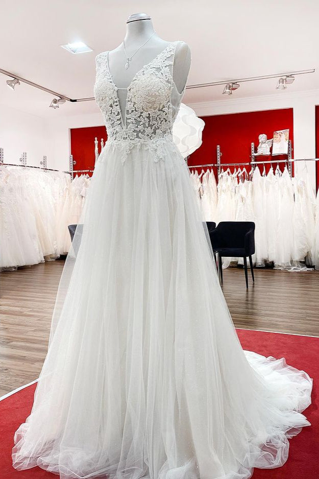 Elegant Backless Long A-line Wedding Dress with V-neck, Tulle Ruffles, and Lace