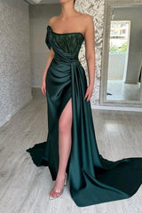 Delicate Dark Green Strapless Beaded Pleated Evening Dress with Split