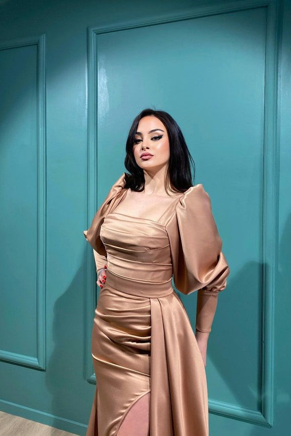Gorgeous Square Bubble Long Sleeves Prom Dress Mermaid Slit With Ruffles