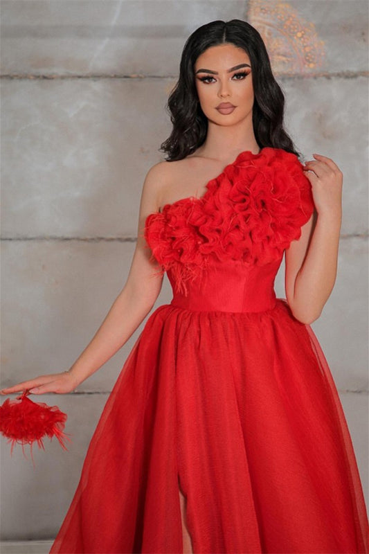 Gorgeous Red One Shoulder A-Line Prom Dress Flowers With Split